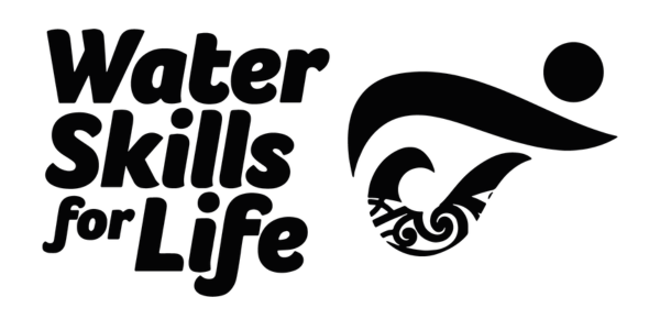 Logo in black and white with the lettering, Water skills for life. 