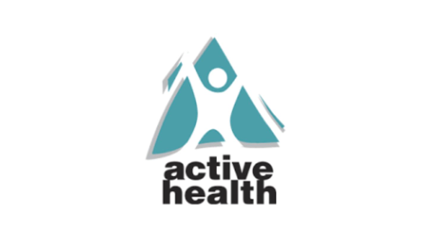Active Health logo, blue triangle with a white stick figure person. 