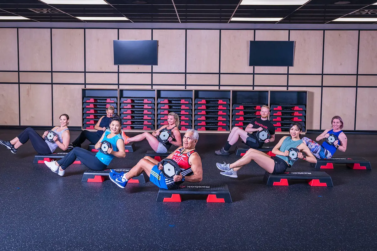 A group of men and women participating in a Core Zone class at Christchurch Recreation and Sport.