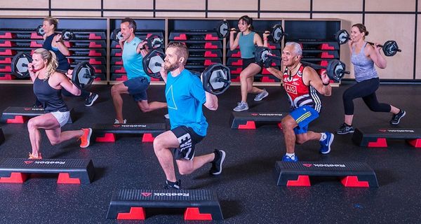 A group of men and women participating in a Fitness Pump class at Christchurch Recreation and Sport.