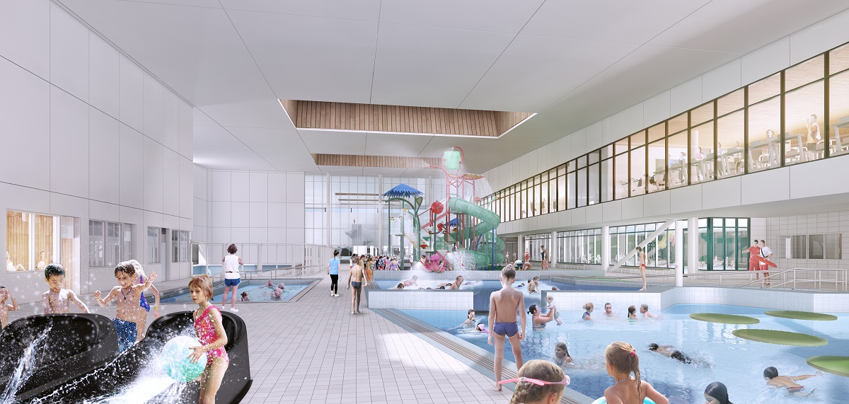 A concept design render of the children's pools and splash pads at Parakiore Recreation and Sport Centre. 