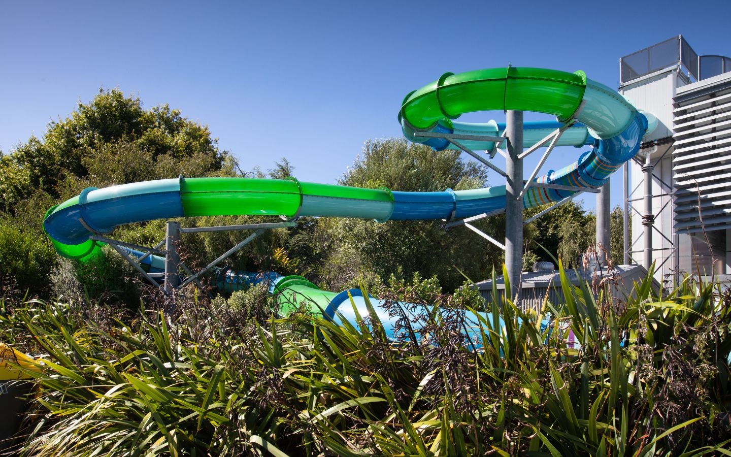 The large green and blue hydroslide at Jellie Park Recreation and Sport Centre. 
