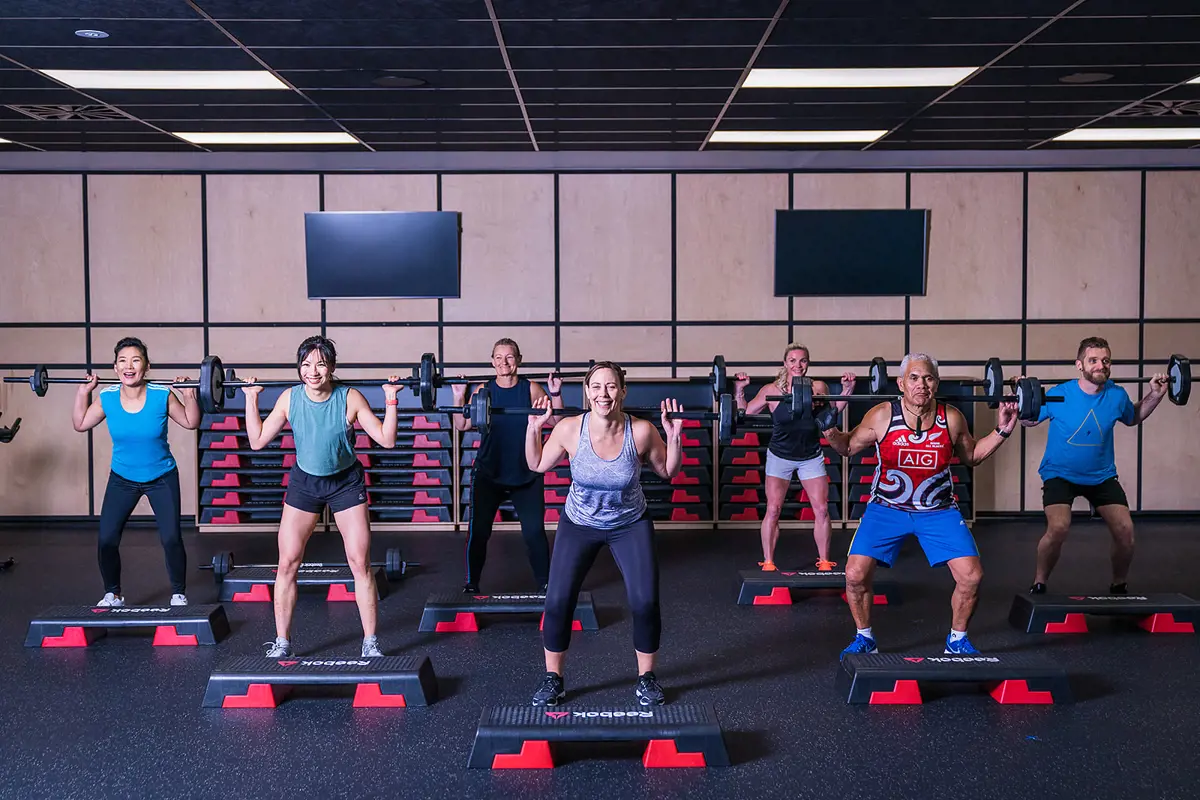 A group of men and women participating in a Strength Zone class at Christchurch Recreation and Sport.