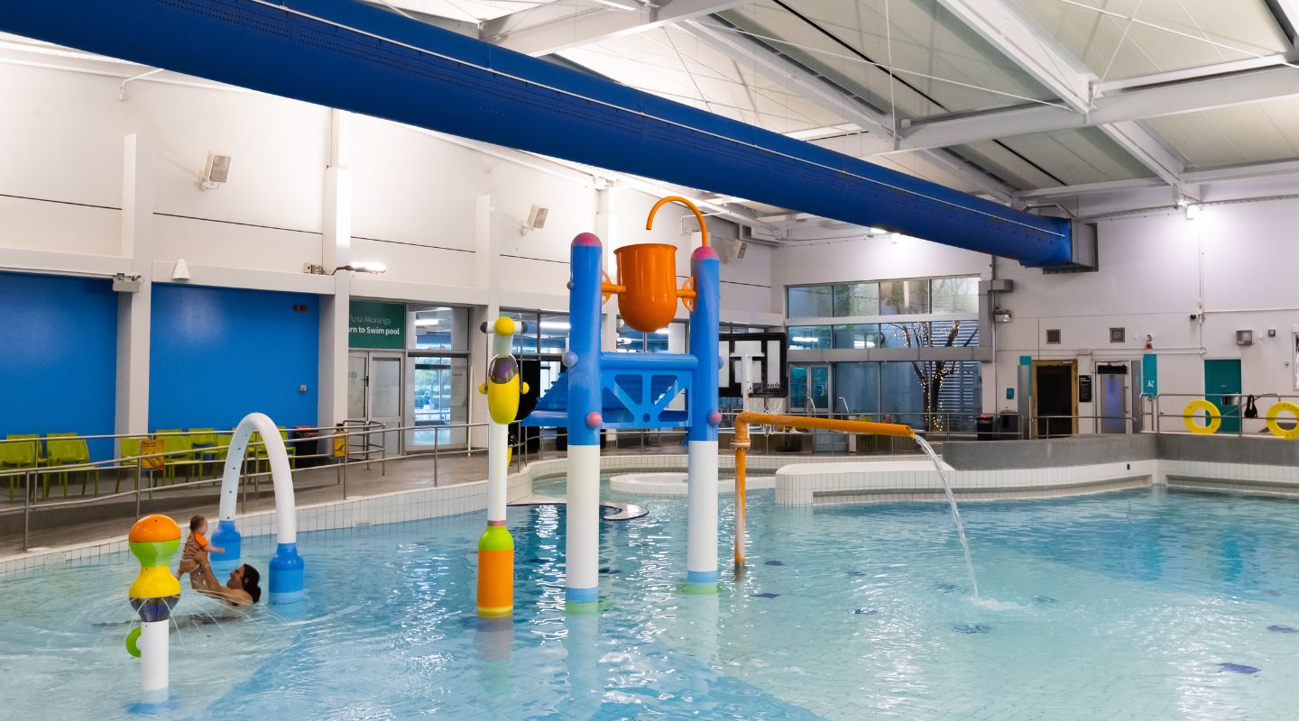 The toddler pool with dumping water buckets at Pioneer Recreation and Sport centre. 