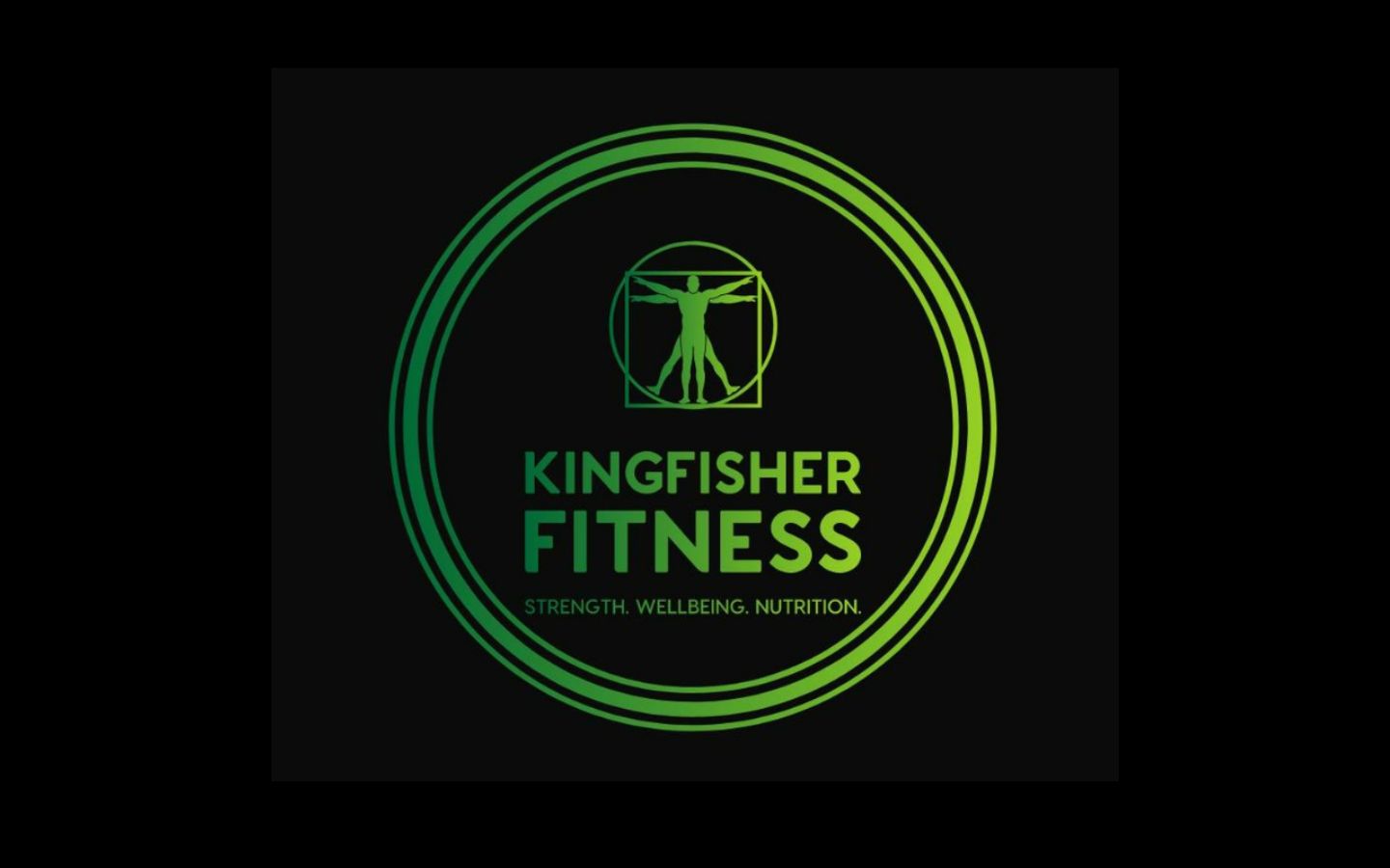 Personal trainer Ronald Fisher's logo, with green lettering that says, "kingfisher fitness, strength, health, nutrition." 